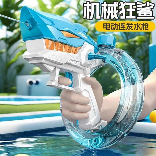 電動水鉄砲 バッテリー式・サメデザイン・全自動連続発射機能・夏の水遊び用・青 正面イメージ