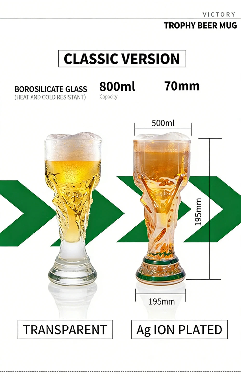 サッカー優勝トロフィー型ビールグラス 20×8cm・高耐熱性・約200g・バー・パブ・パーティー用 追加イメージ15