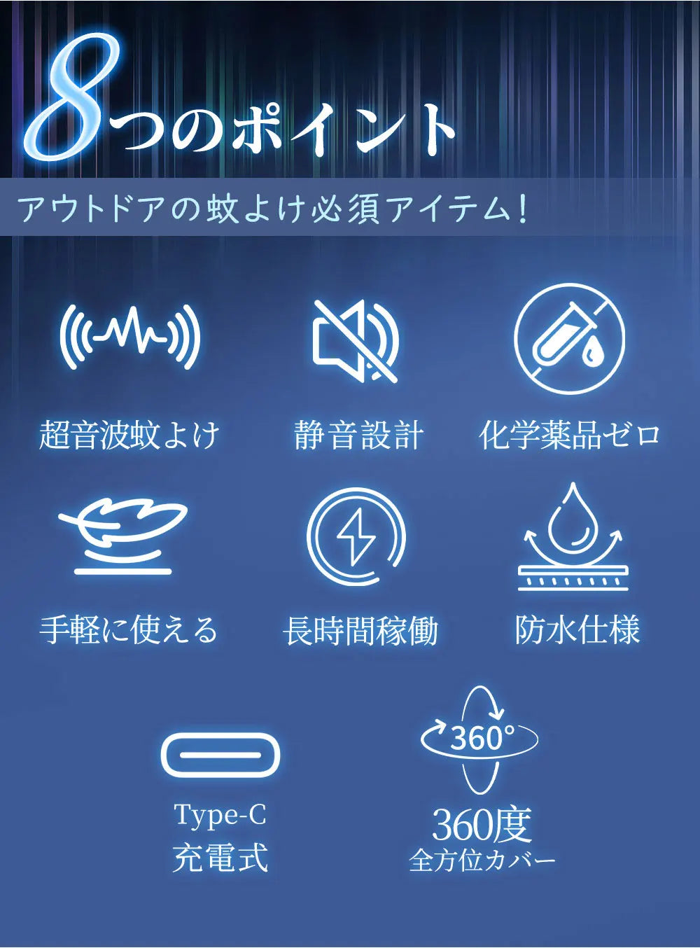 超音波虫除け USB充電式・軽量約15g・7種類のモード・IPX4防水・2個セット・アウトドア用対応 使用シーンイメージ