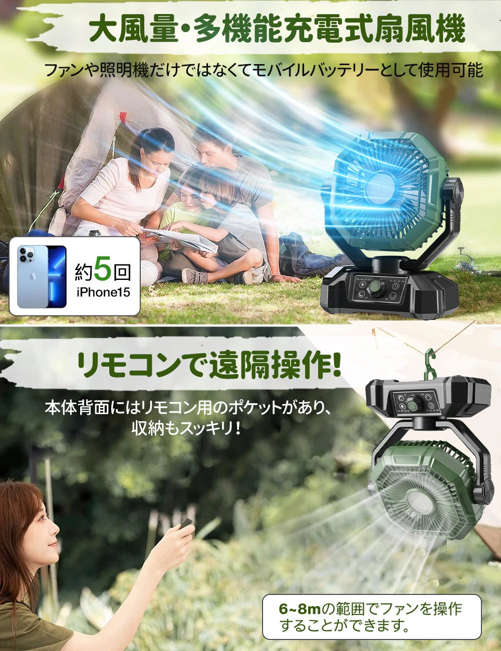 キャンプファン 充電式・20000mAh・リモコン付き・自動スイング機能・8段階風量調整・ピクニック用対応 追加イメージ6
