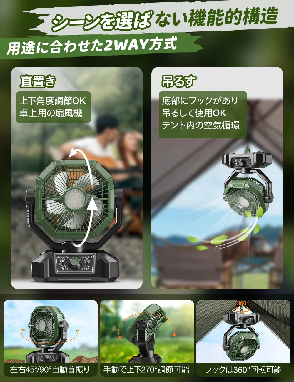 キャンプファン 充電式・20000mAh・リモコン付き・自動スイング機能・8段階風量調整・ピクニック用対応 使用シーンイメージ