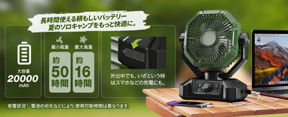 キャンプファン 充電式・20000mAh・リモコン付き・自動スイング機能・8段階風量調整・ピクニック用対応 追加イメージ14